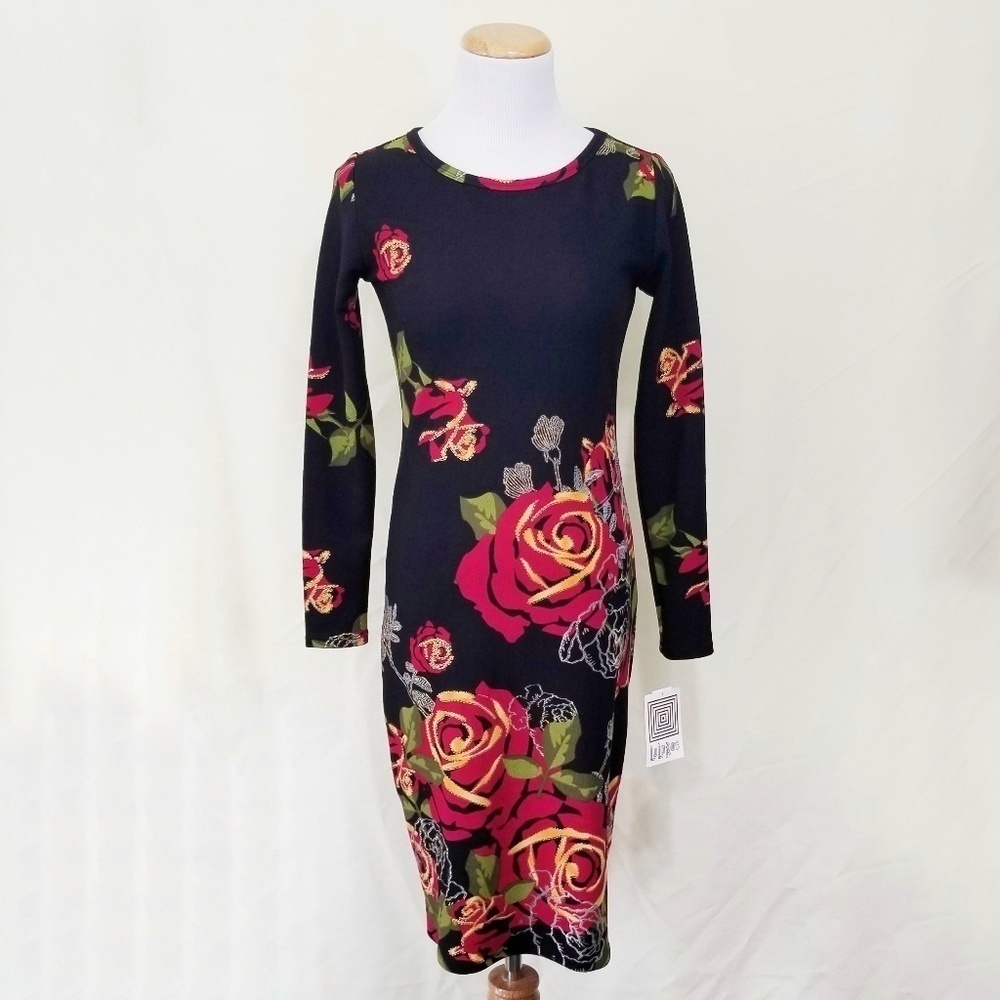 LuLaRoe Elegant Debbie Dress Black Red Roses Gold XXS NWT